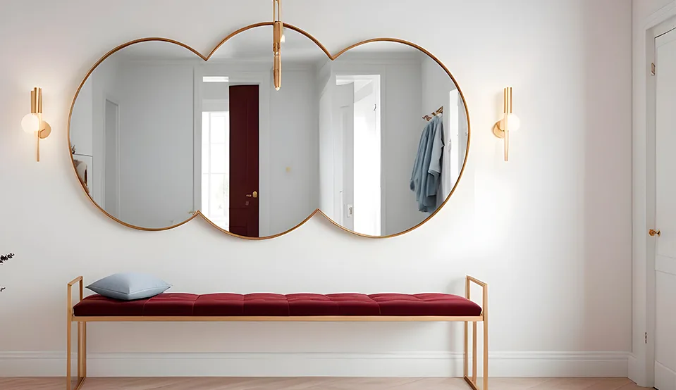 Cômodo com um espelho e um banco